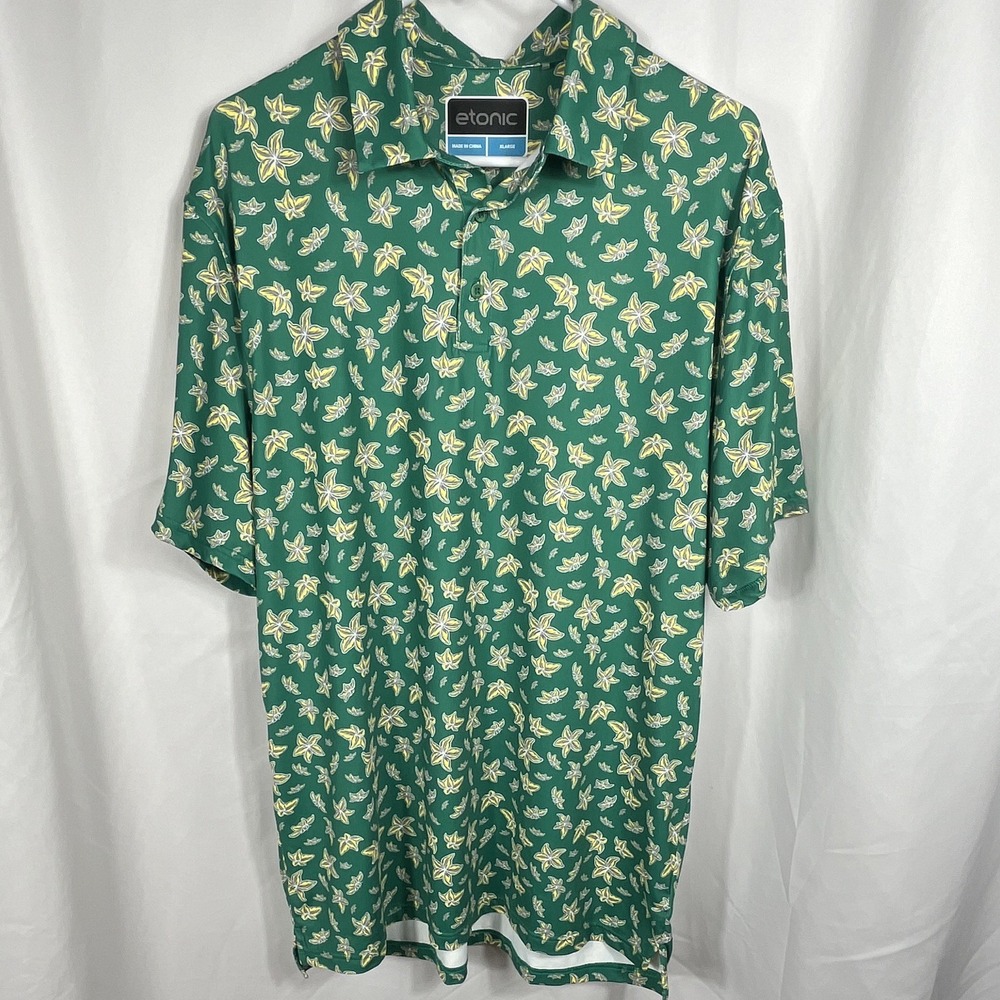 Etonic Men's Polo Shirt Green/Yellow Floral Short Sleeve Size Extra Large‎